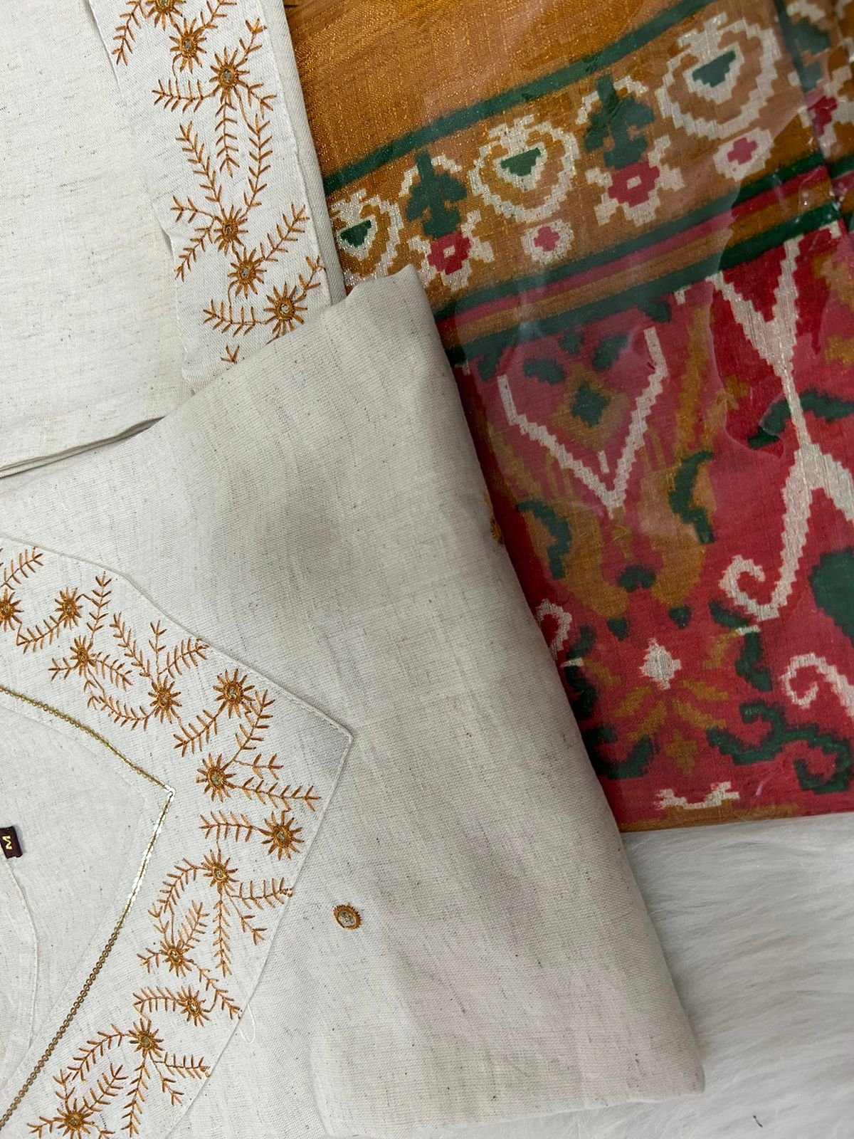 Cotton Flex Embroidered Kurti Set with Silk Dupatta